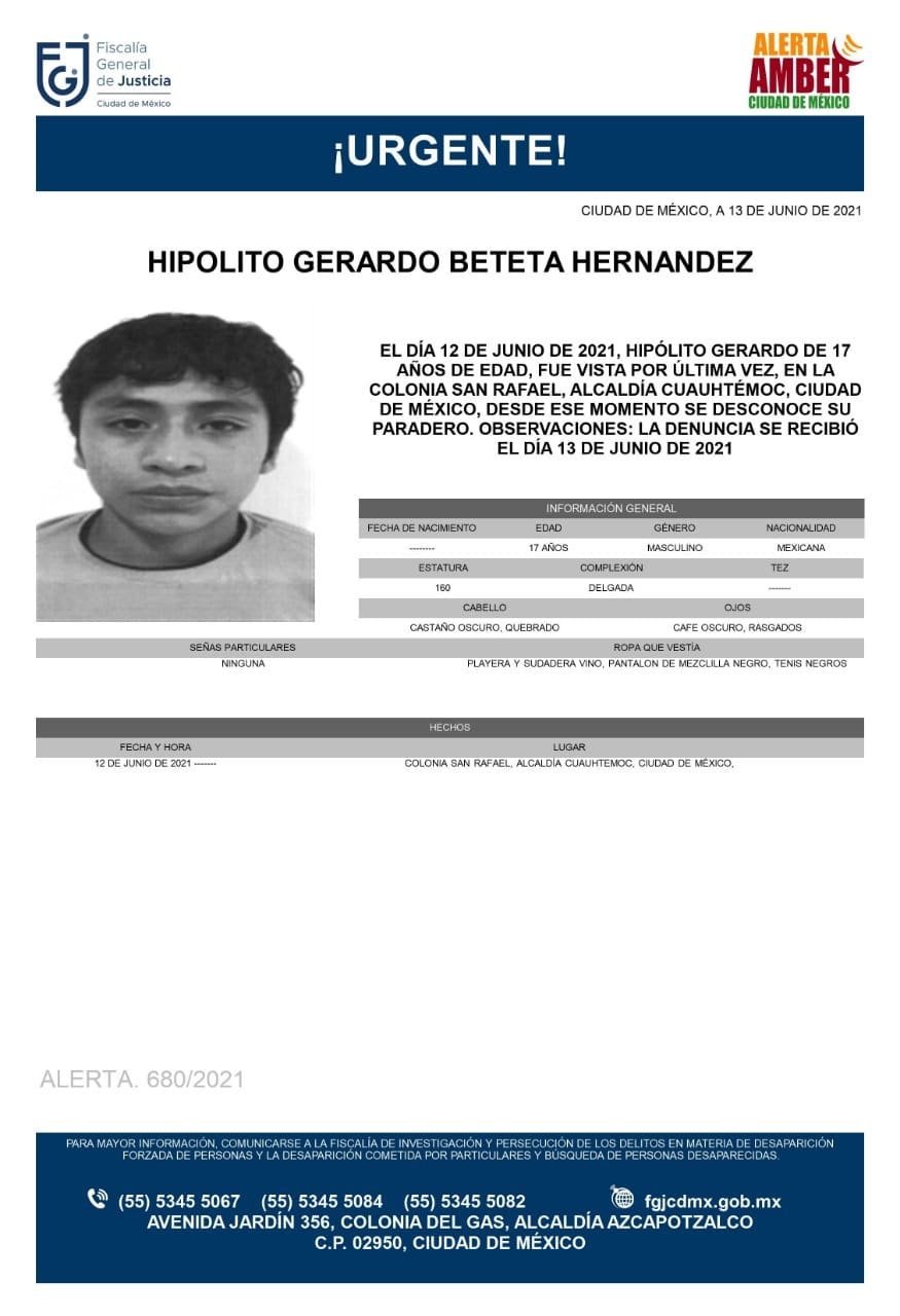 Activan Alerta Amber para localizar a Hipólito Gerardo Beteta Hernández