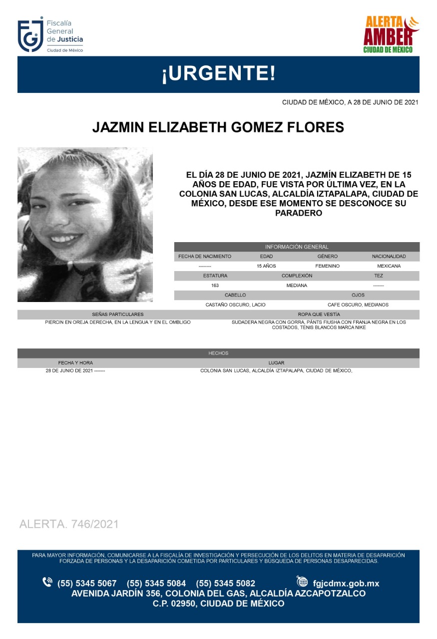 Activan Alerta Amber para localizar a Jazmín Elizabeth Gómez Flores.
