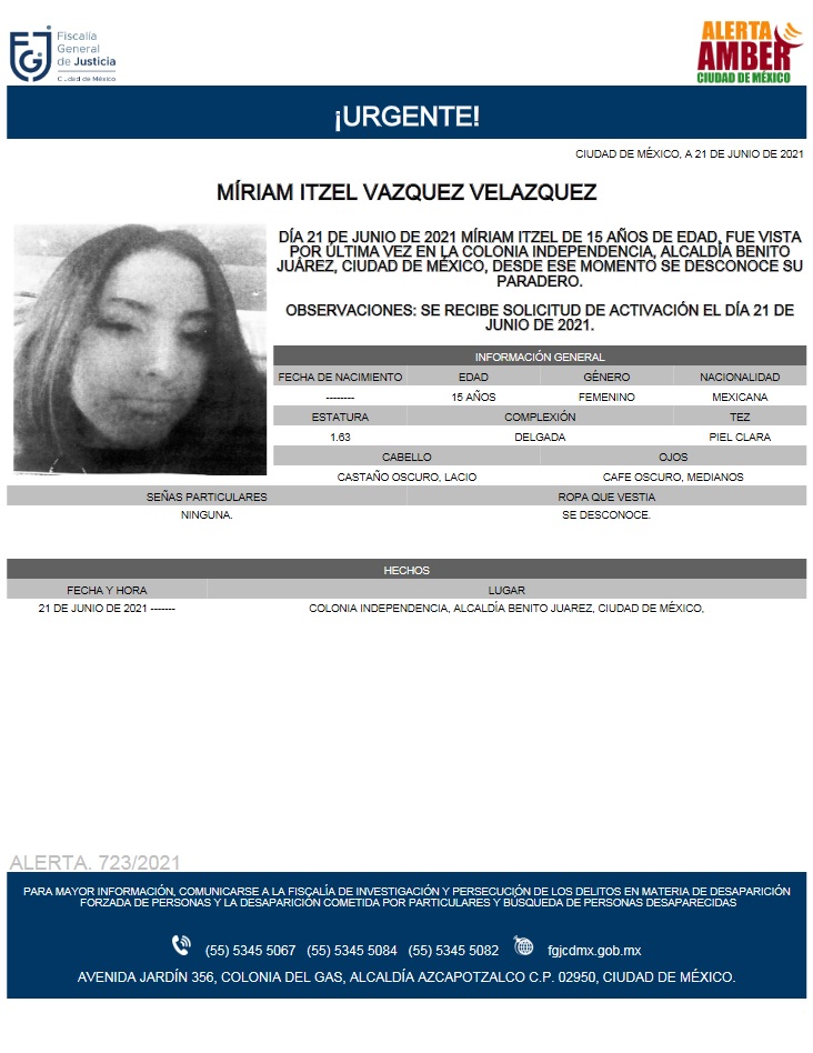 Activan Alerta Amber para localizar a Miriam Itzel Vázquez Velázquez