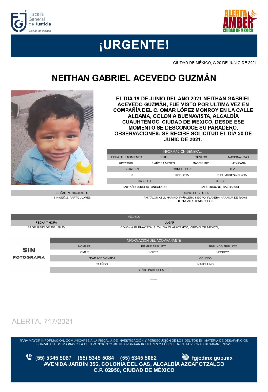 Activan Alerta Amber para Neithan Gabriel Acevedo Guzmán