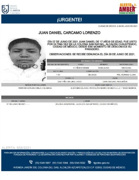 Activan Alerta Amber para localizar a Juan Daniel Carcamo Lorenzo