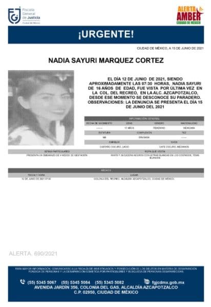 Activan Alerta Amber para localizar a Nadia Sayuri Márquez Cortez