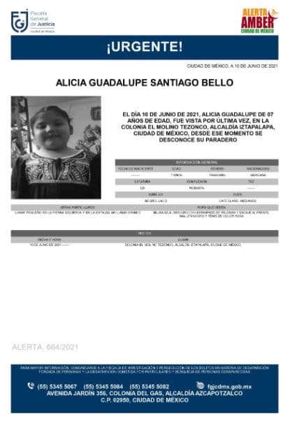 Activan Alerta Amber para localizar a Alicia Guadalupe Santiago Bello