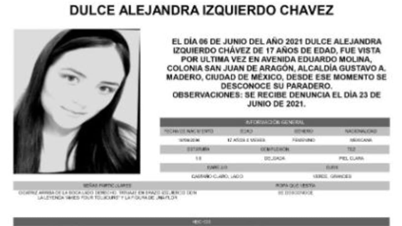 Activan Alerta Amber para localizar a Dulce Alejandra Izquierdo Chávez