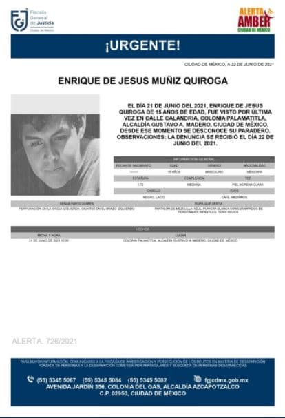 Activan Alerta Amber para localizar a Enrique de Jesús Muñiz Quiroga
