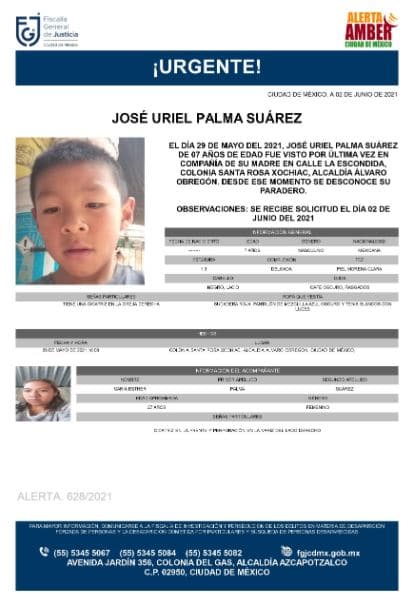Activan Alerta Amber para localizar a José Uriel Palma Suárez