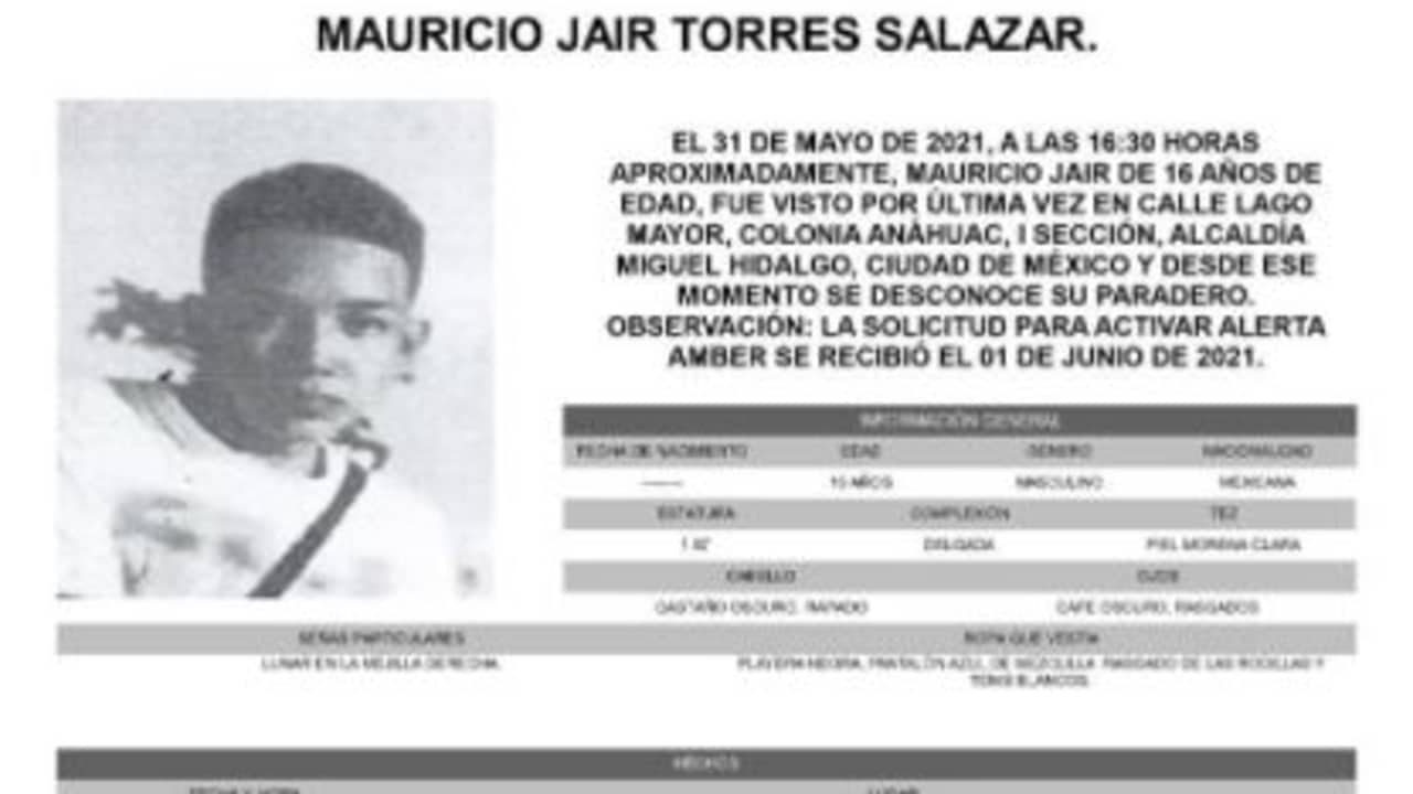 Activan Alerta Amber para localizar a Mauricio Jaír Torres Salazar