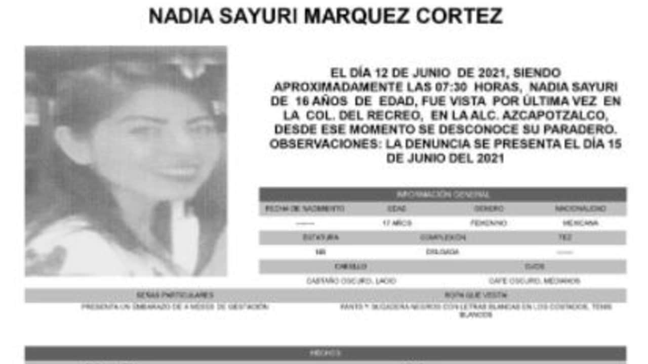 Activan Alerta Amber para localizar a Nadia Sayuri Márquez Cortez