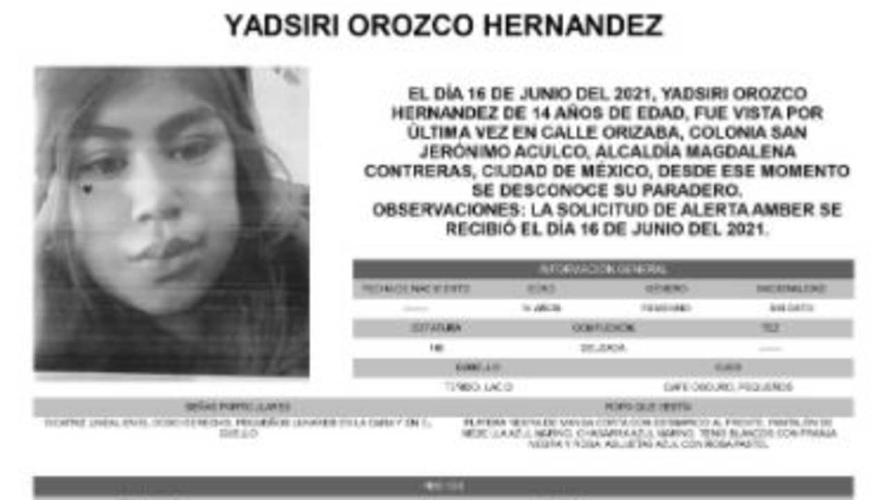 Activan Alerta Amber para localizar a Yadsiri Orozco Hernández
