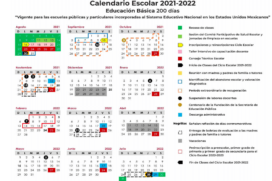 Calendario SEP ciclo escolar 2021-2022