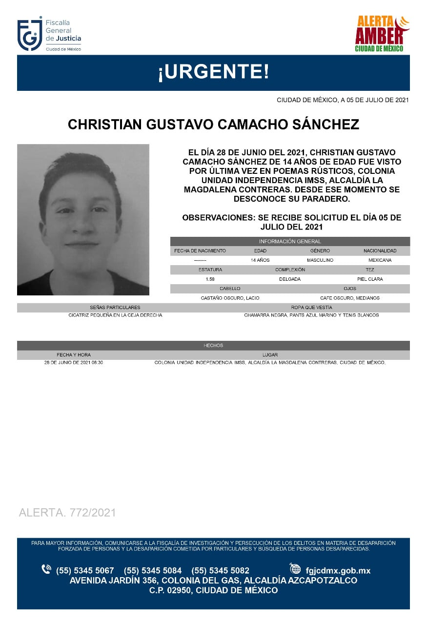 Activan Alerta Amber para localizar a Christian Gustavo Camacho Sánchez