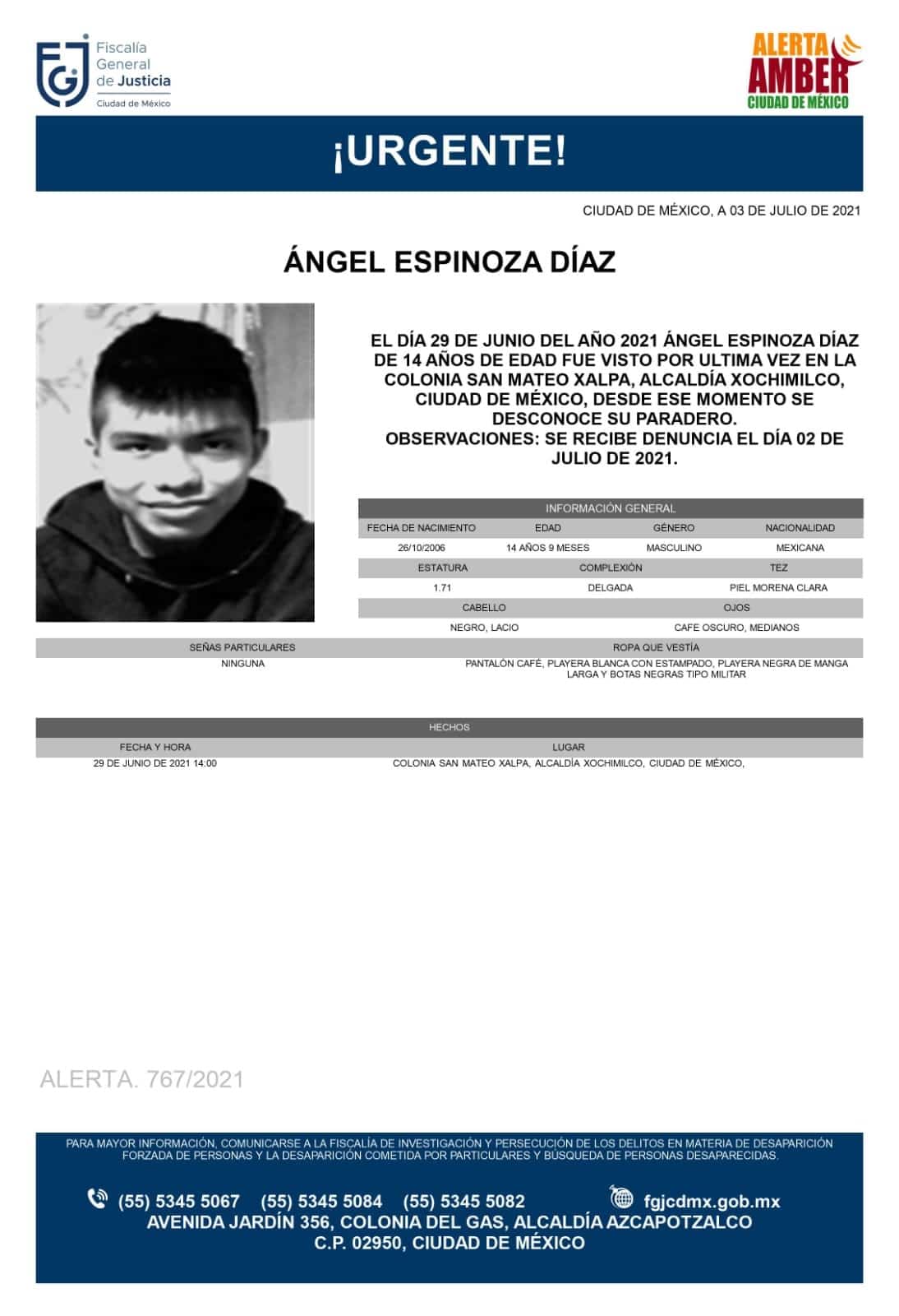 Activan Alerta Amber para localizar a Ángel Espinoza Díaz