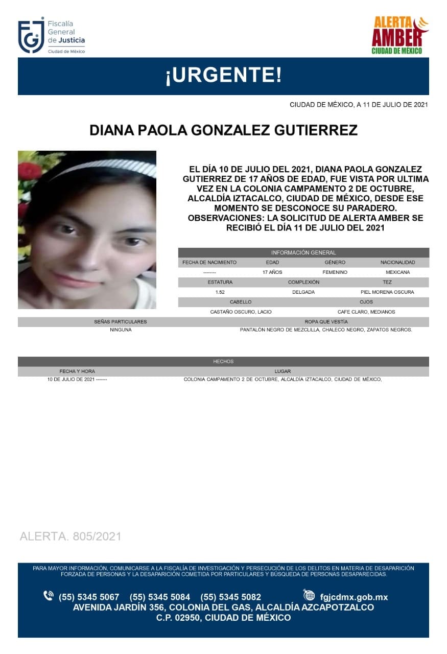 Activan Alerta Amber para localizar a Diana Paola González Gutiérrez