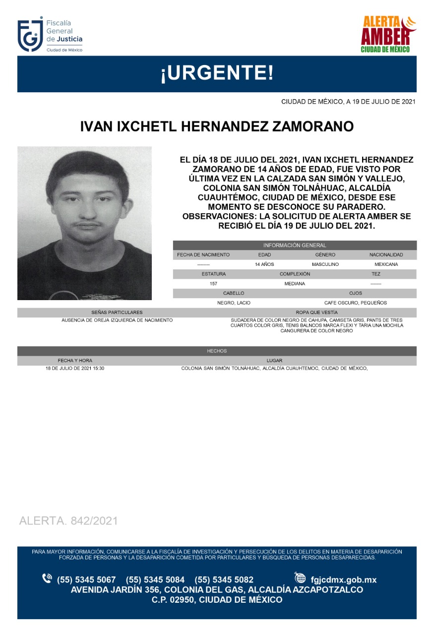 Activan Alerta Amber para localizar a Iván Ixchetl Hernández Zamorano
