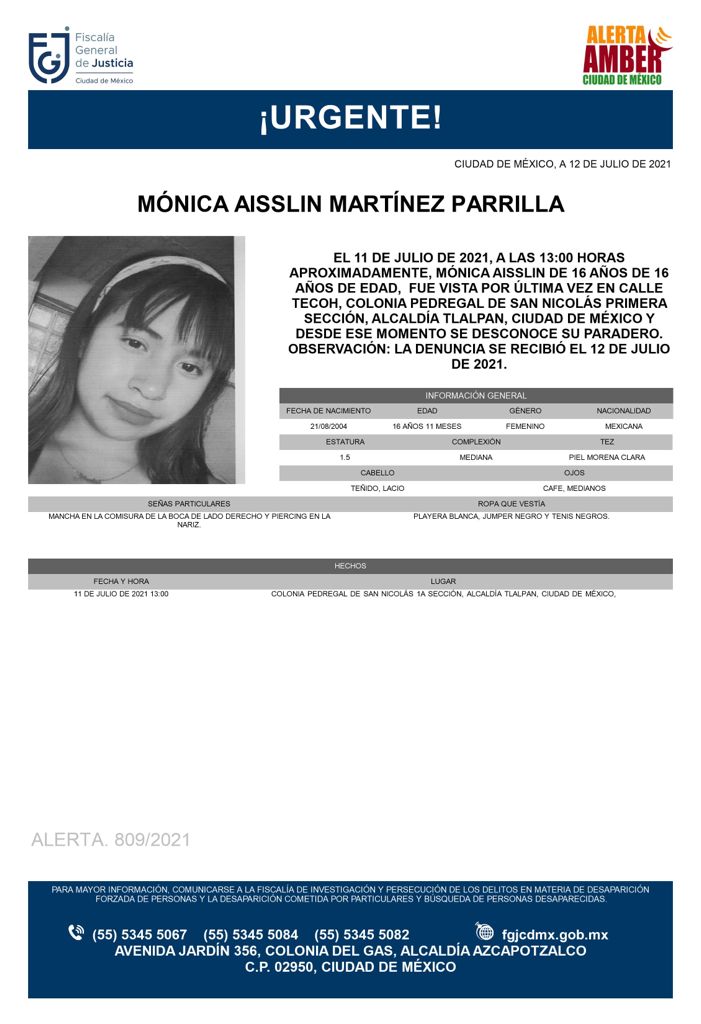 Activan Alerta Amber para localizar a Mónica Aisslin Martínez Parrilla