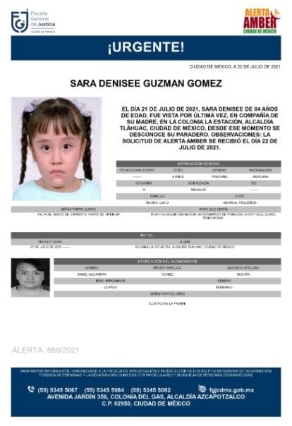 Activan Alerta Amber para localizar a Sara Denisse Guzmán Gómez