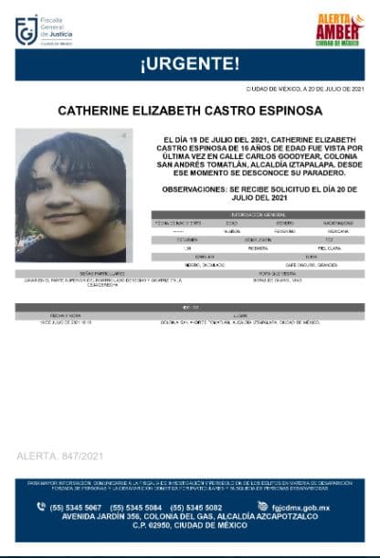Activan Alerta Amber para localizar a Catherine Elizabeth Castro Espinosa