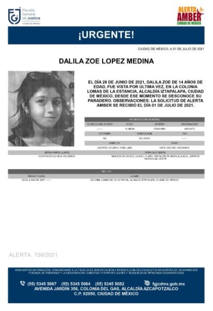 Activan Alerta Amber para localizar a Dalila Zoe López Medina