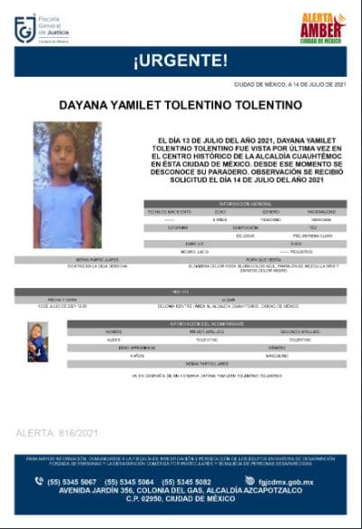 Activan Alerta Amber para localizar a Dayana Yamilet Tolentino Tolentino