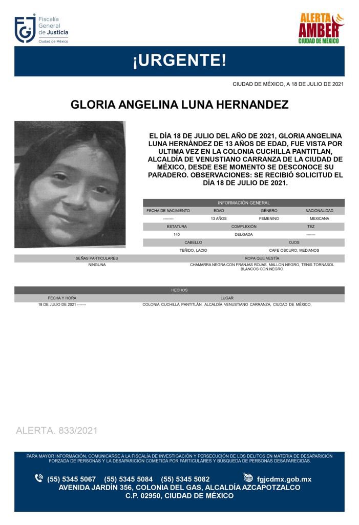 Activan Alerta Amber para localizar a Gloria Angelina Luna Hernández