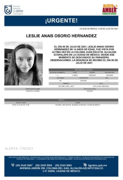 Activan Alerta Amber para localizar a Leslie Anais Osorio Hernández