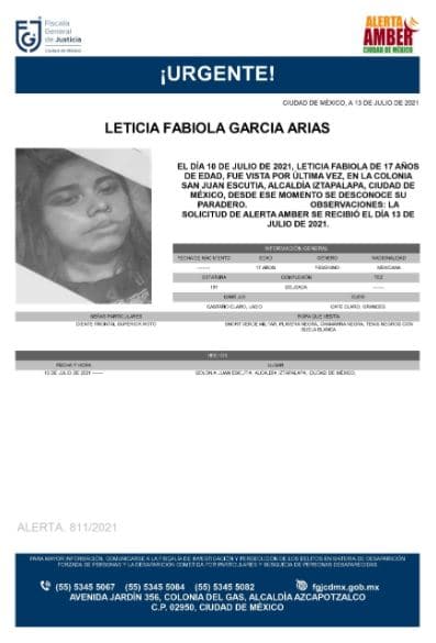 Activan Alerta Amber para localizar a Leticia Fabiola García Arias