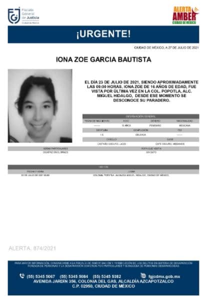 Activan Alerta Amber para localizar a Iona Zoe García Bautista