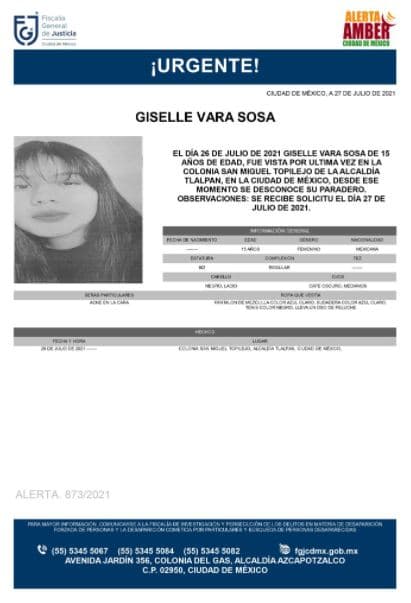 Activan Alerta Amber para localizar a Giselle Vara Sosa