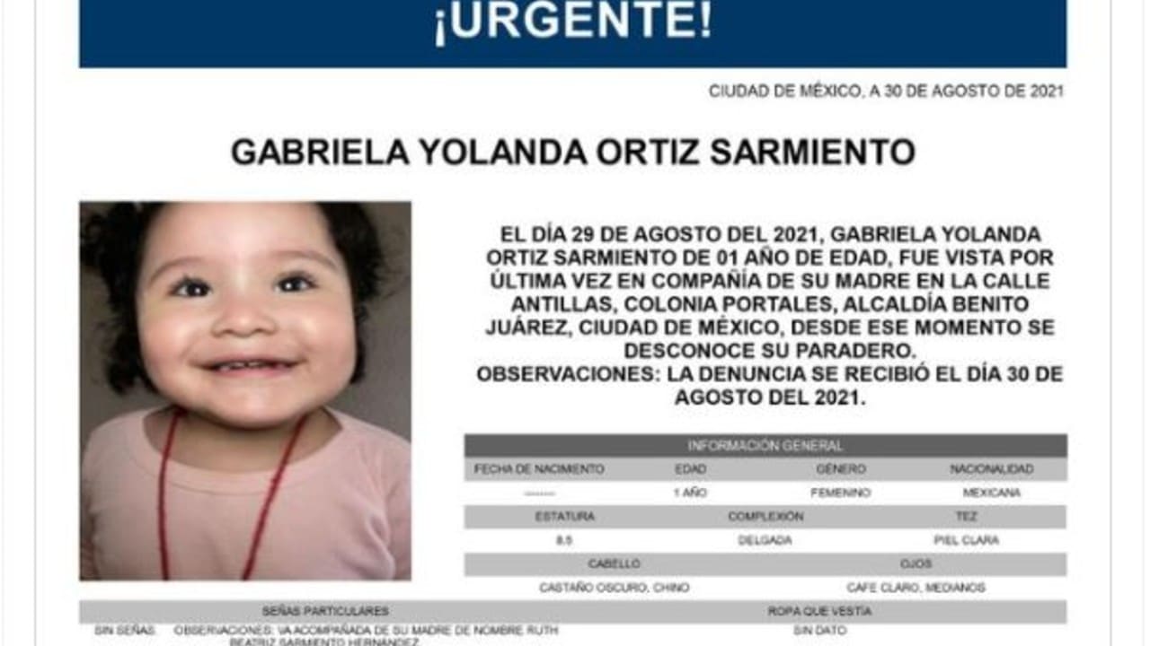 Activan Alerta Amber para la bebé Gabriela Yolanda Ortiz Sarmiento