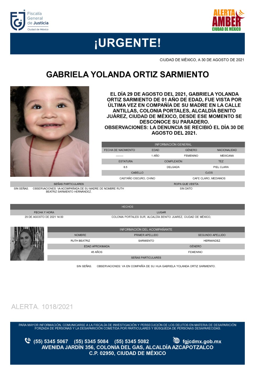 Activan Alerta Amber para la bebé Gabriela Yolanda Ortiz Sarmiento.
