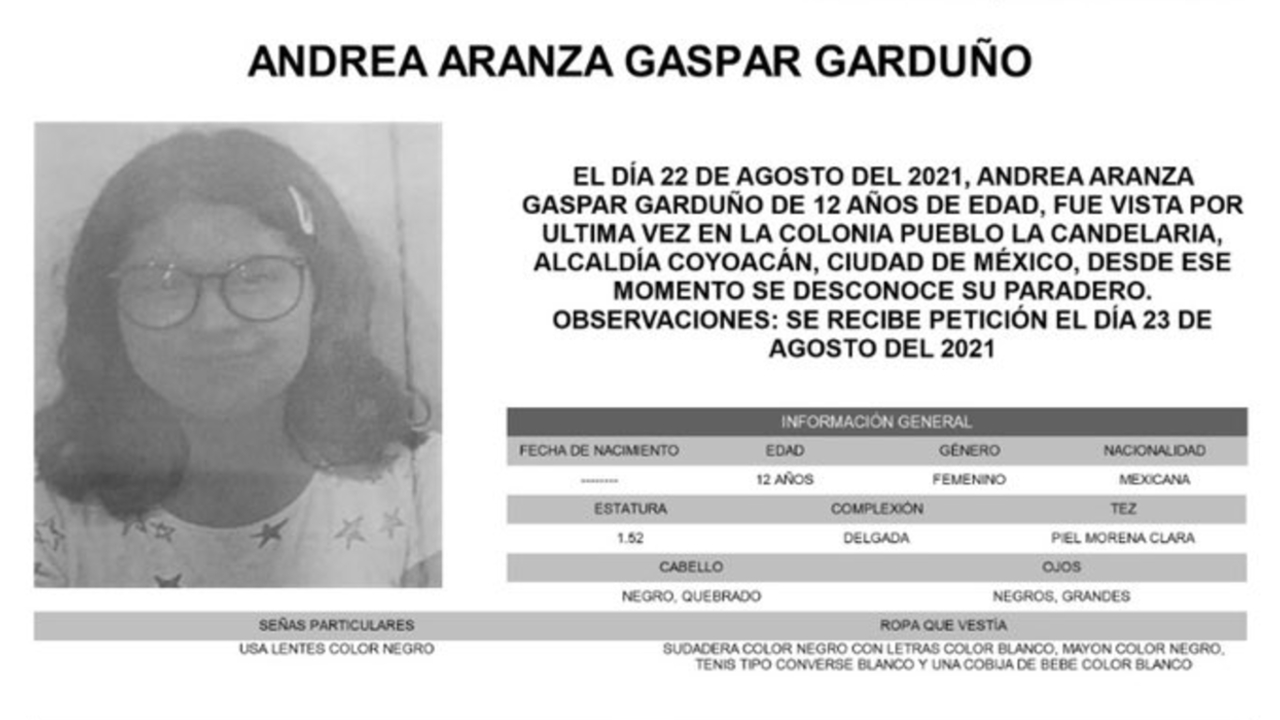 Activan Alerta Amber para localizar a Andrea Aranza Gaspar Garduño de 12 años de edad