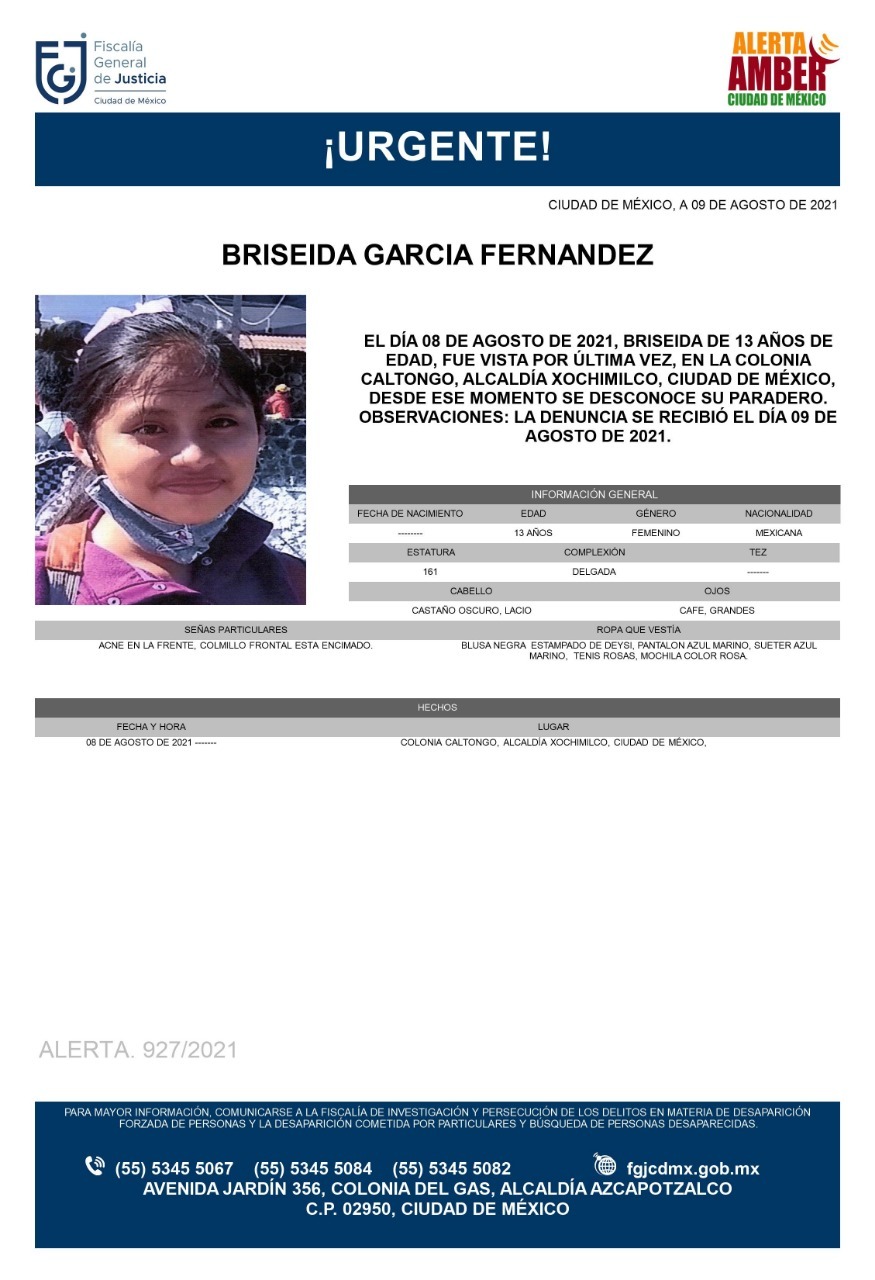 Activan Alerta Amber para localizar a Briseida García Fernández