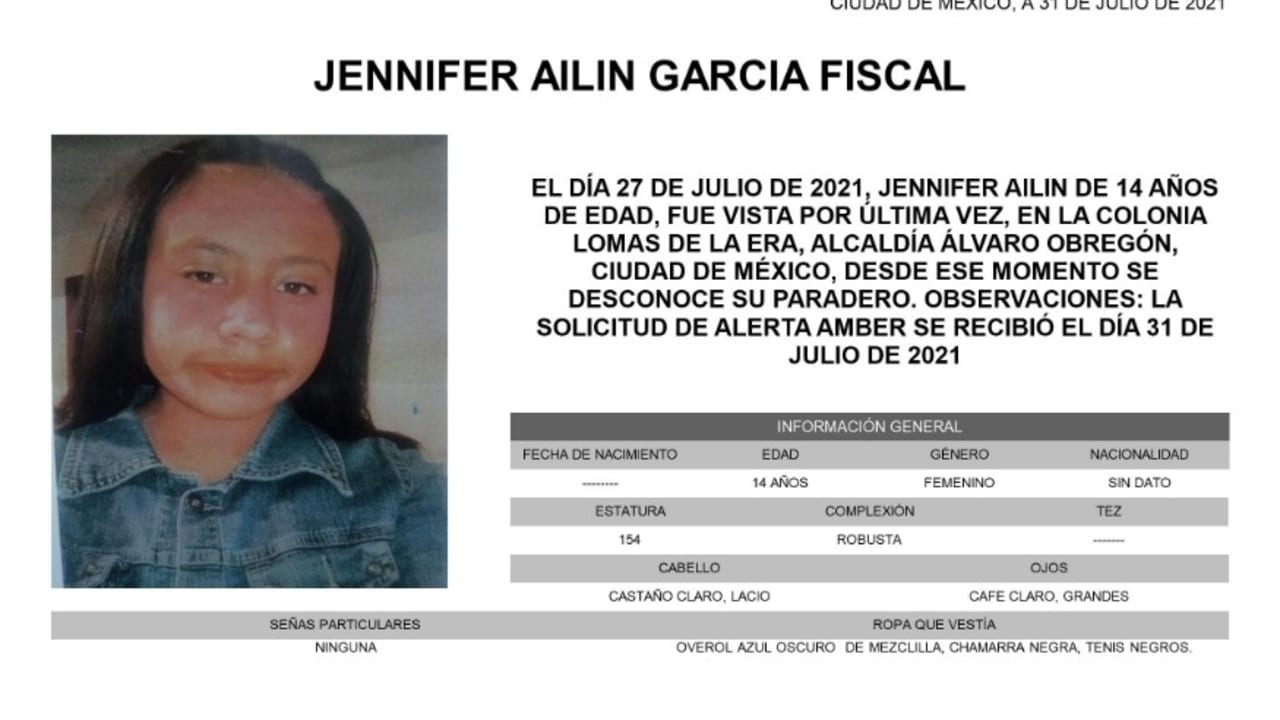 Activan Alerta Amber para localizar a Jennifer Ailin García Fiscal