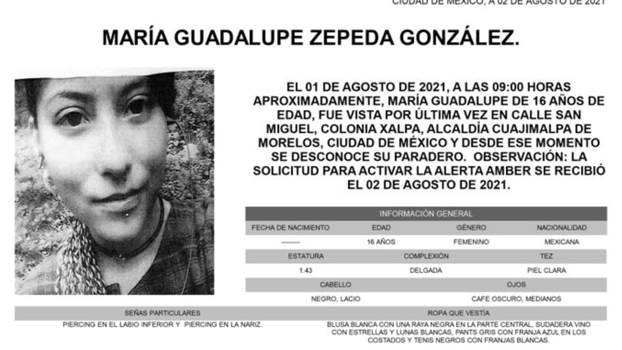 Activan Alerta Amber para localizar a María Guadalupe Zepeda González