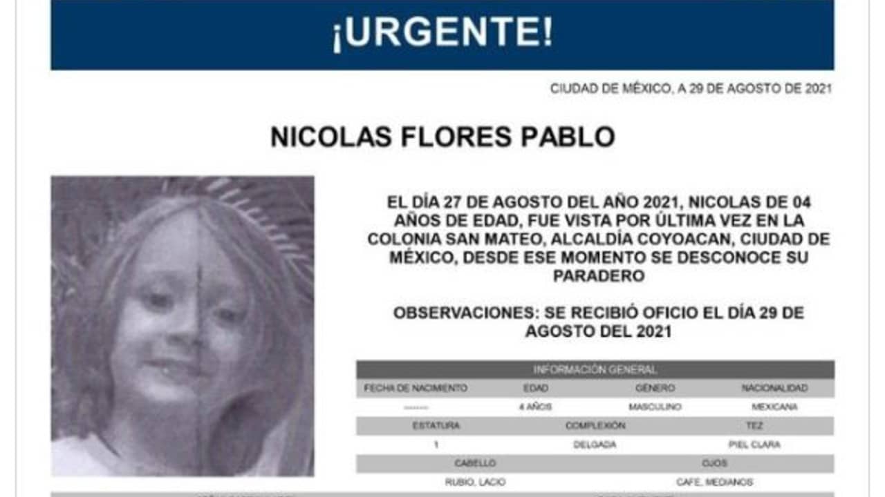Activan Alerta Amber para localizar a Nicolás Flores Pablo. (@FiscaliaCDMX)