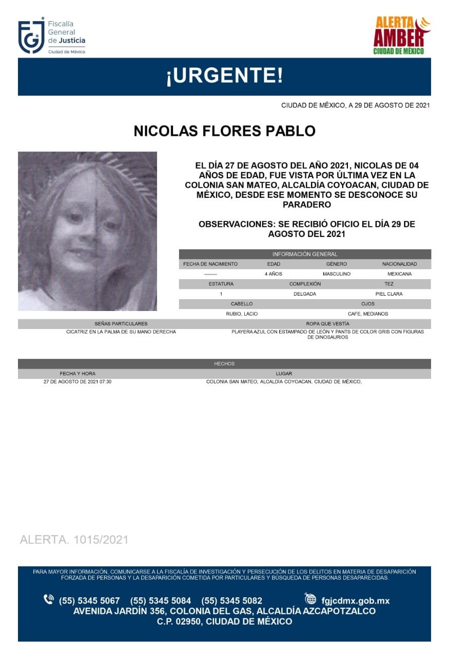 Activan Alerta Amber para localizar a Nicolás Flores Pablo