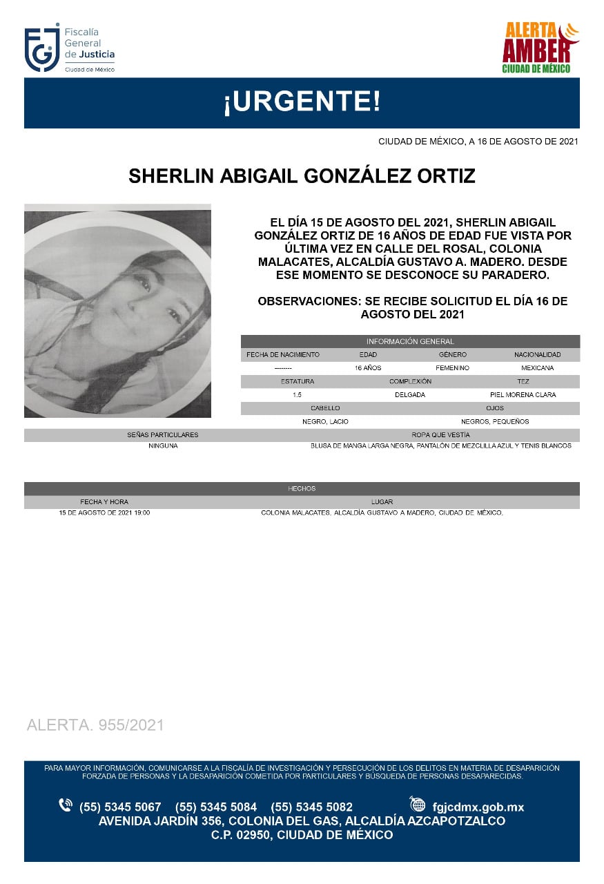 Activan Alerta Amber para Sherlin Abigail González Ortiz,