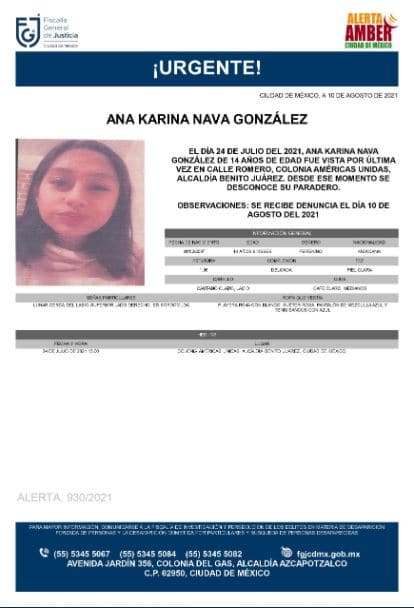 Activan Alerta Amber para localizar a Ana Karina Nava González