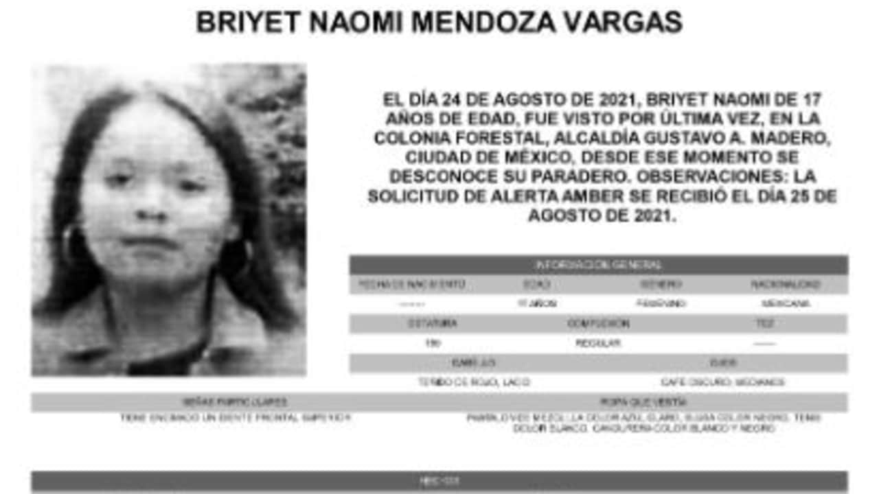 Activan Alerta Amber para localizar a Briyet Naomi Mendoza Vargas