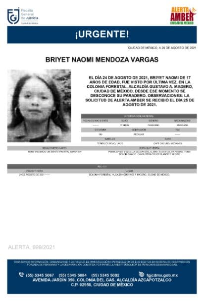 Activan Alerta Amber para localizar a Briyet Naomi Mendoza Vargas