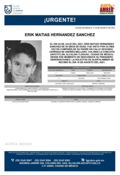 Activan Alerta Amber para localizar a Erik Matías Hernández Sánchez