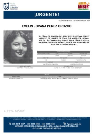 Activan Alerta Amber para localizar a Evelin Jovana Perez Orozco