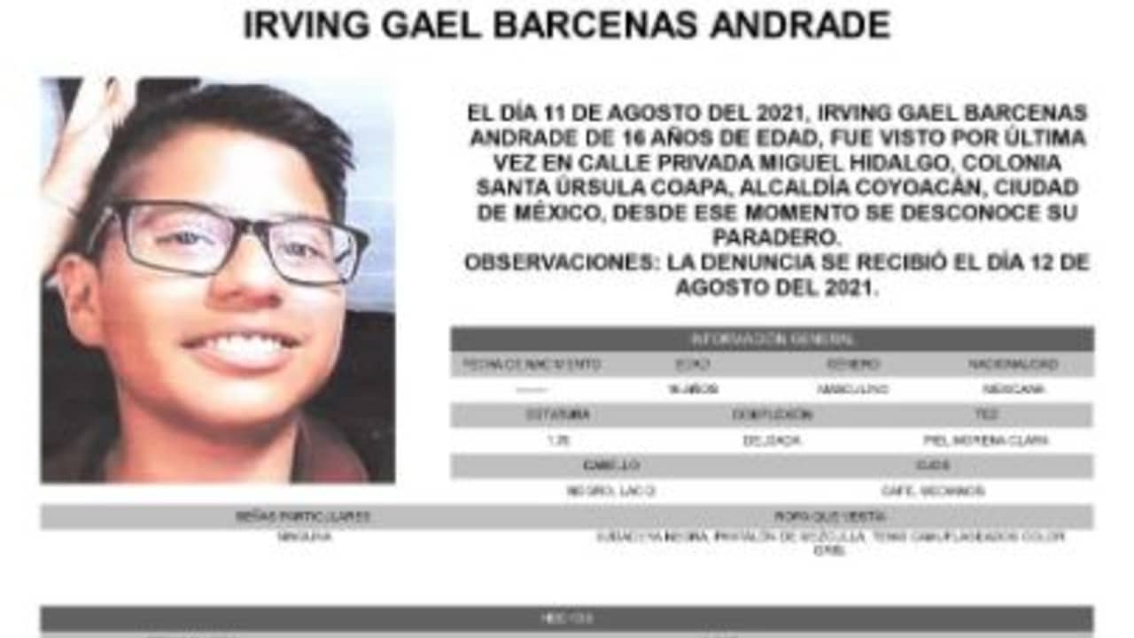 Activan Alerta Amber para localizar a Irving Gael Barcenas Andrade