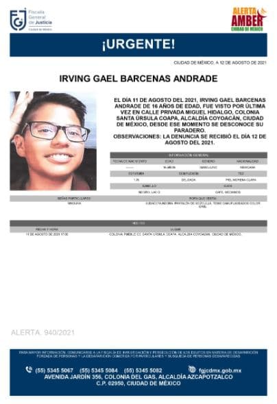 Activan Alerta Amber para localizar a Irving Gael Barcenas Andrade