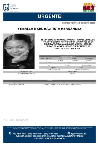 Activan Alerta Amber para localizar a Yemalla Itxel Bautista Hernández.