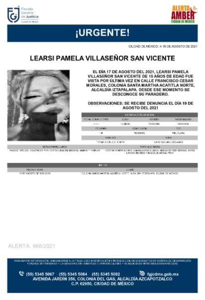 Activan Alerta Amber para localizar a Learsi Pamela Villaseñor San Vicente