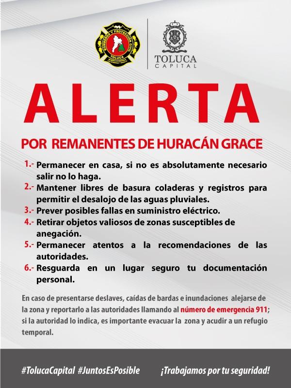 Gobierno de Toluca alerta a la población por paso del huracán Grace