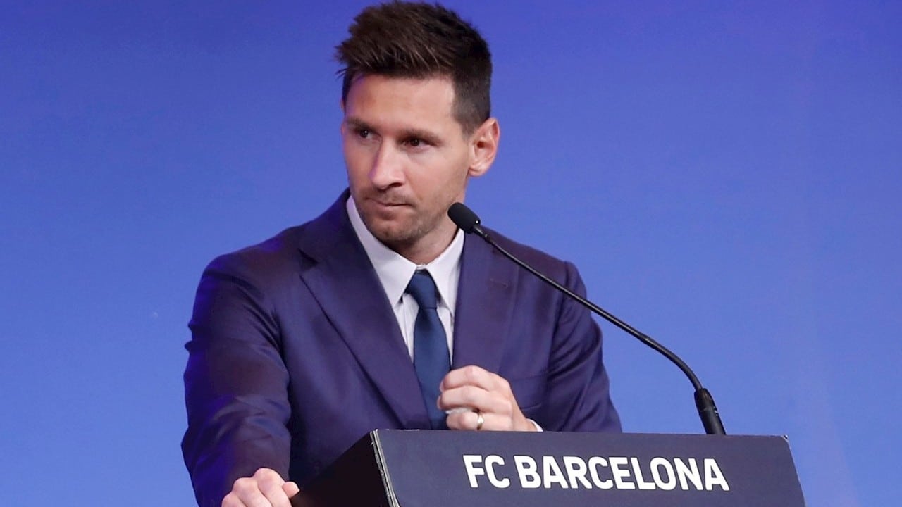 El delantero argentino Lionel Messi, durante su conferencia en el Camp Nou