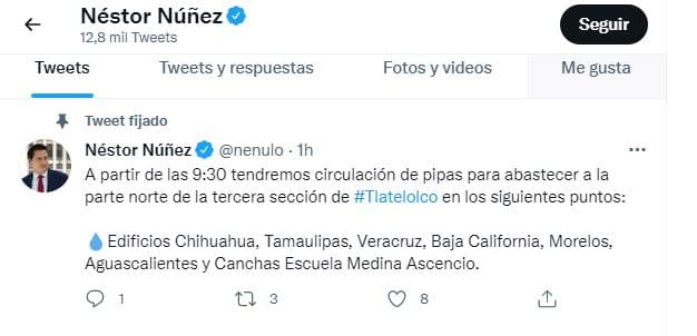 Néstor Núñez, alcalde de Cuauhtémoc, informó en su cuenta de Twitter que se pondrán en circulación de pipas de agua potable,(Foto: @nenulo)