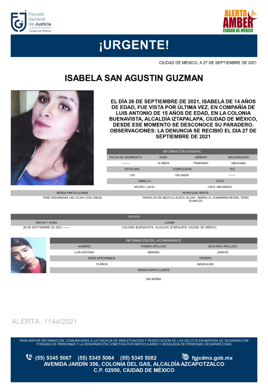 Activan Alerta Amber para localizar a Isabela San Agustín Guzmán